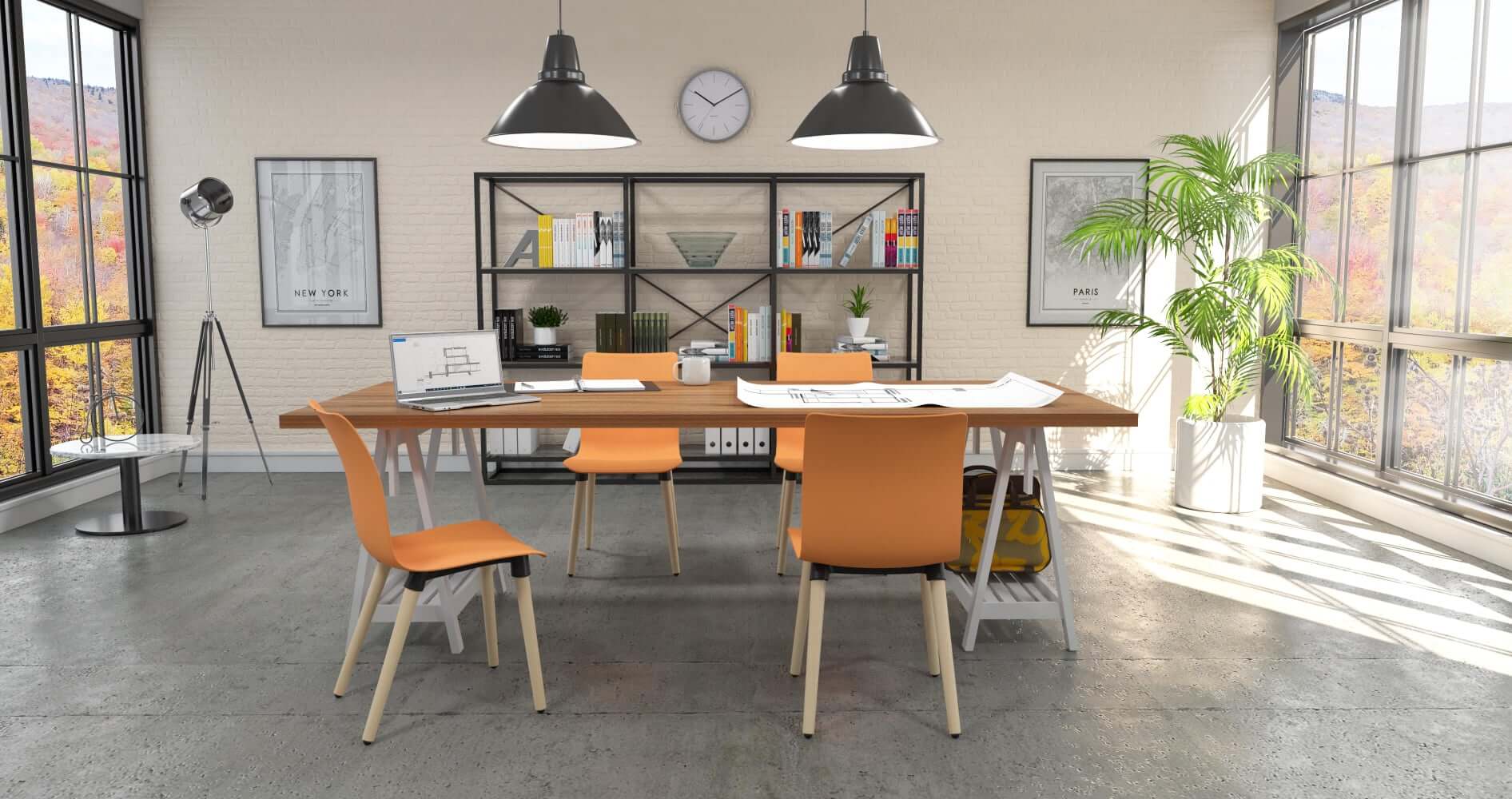 Collection de chaise coquille de plastique et base quatre pattes en bois