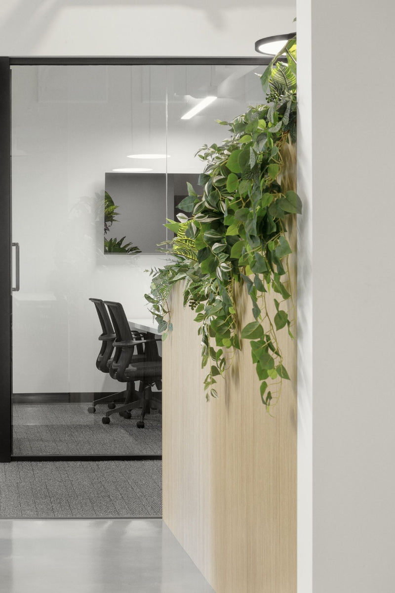 Petite salle de conférence vitrée avec porte coulissante, chaise ergonomique noire et design biophilique intégrant un mur végétal vertical. Espace de réunion privé moderne combinant transparence, acoustique optimale et éléments naturels pour favoriser la concentration et le bien-être au travail.