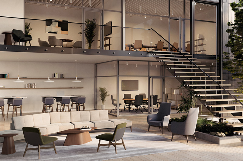 Espace bureau moderne en mezzanine avec mobilier design, fauteuils confortables et coin lounge lumineux.